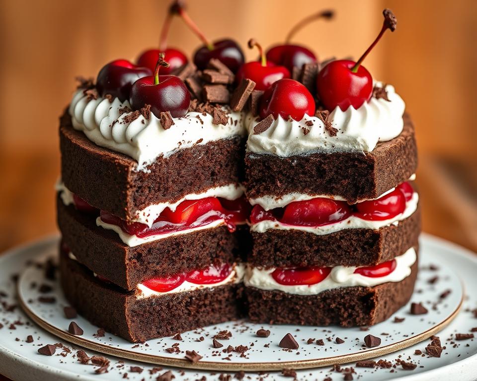 Schwarzwälder Kirschtorte Schichten und Dekoration