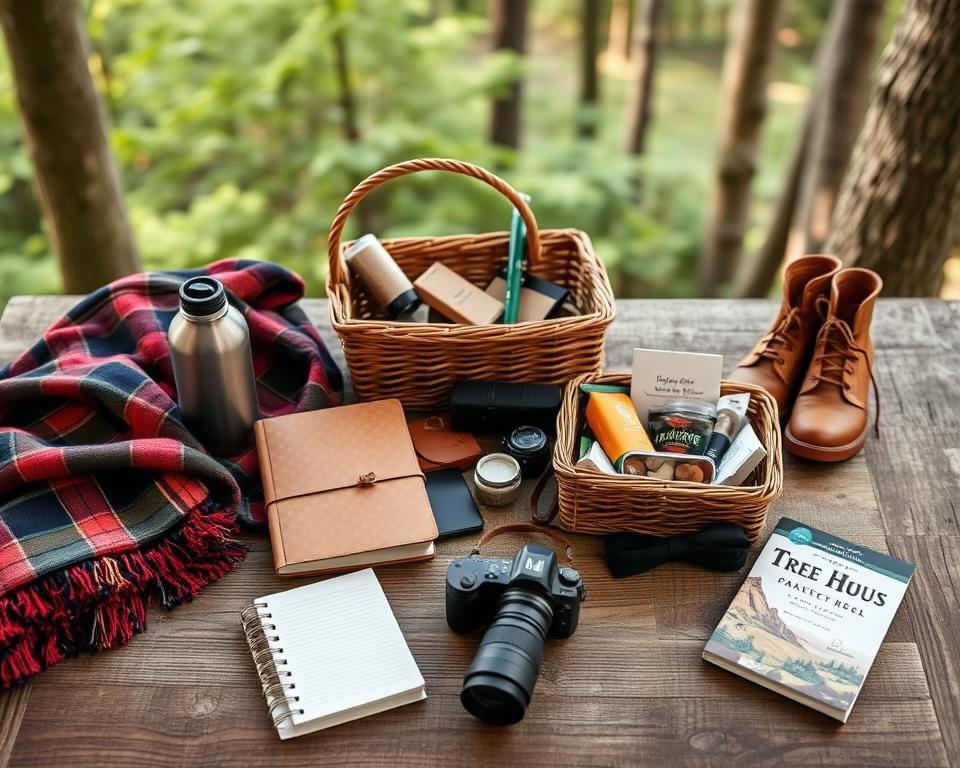 A beautifully arranged flat lay image of a packing list for a luxurious treehouse hotel experience in the Black Forest. The foreground showcases essential items such as a warm plaid blanket, hiking boots, a reusable water bottle, a journal, and binoculars, all artfully placed on a textured wooden surface. In the middle ground, add a rustic wicker basket filled with snacks, a camera for nature photography, and a small travel guide. The background features soft greenery and hints of tree trunks, conveying a serene forest atmosphere. The lighting is warm and natural, suggesting a cozy, inviting mood. The composition should capture the essence of adventure and relaxation, enticing viewers to prepare for their stay.