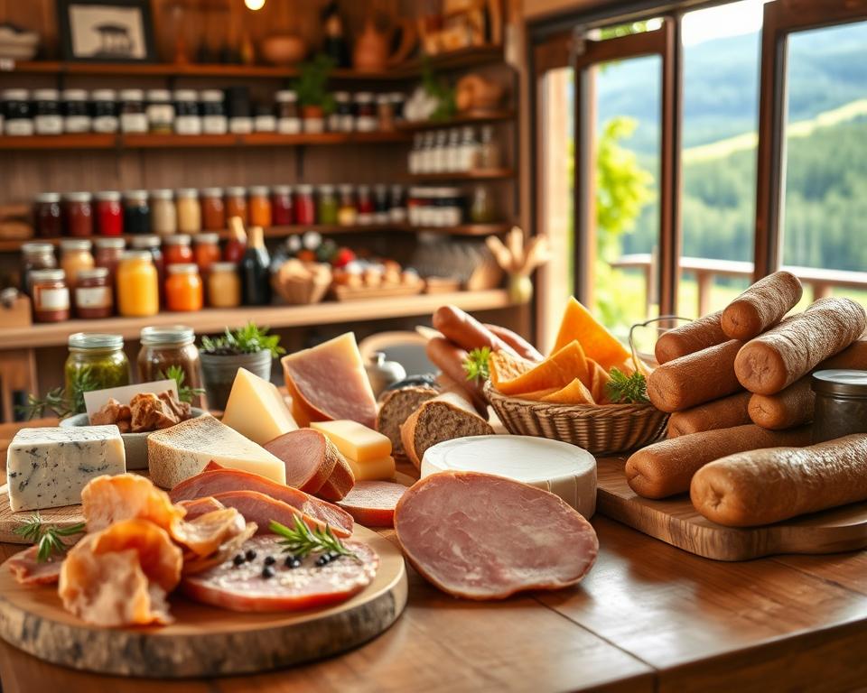 A beautifully arranged table showcasing Schwarzwälder Spezialitäten, prominently featuring a selection of cured meats, gourmet cheeses, and rustic bread, elegantly set in the foreground. Beside it, a wooden board displays slices of Black Forest ham and expertly crafted local sausages. In the middle, a charming farm shop filled with colorful jars of homemade jams and traditional pastries creates a warm, inviting ambiance, while a hint of lush greenery peeks through the open window, capturing the essence of the Black Forest region. In the background, a soft-focus depiction of rolling hills and dense forest adds depth to the scene, bathed in soft, natural light to evoke a cozy, authentic atmosphere. A beautifully arranged table showcasing Schwarzwälder Spezialitäten, prominently featuring a selection of cured meats, gourmet cheeses, and rustic bread, elegantly set in the foreground. Beside it, a wooden board displays slices of Black Forest ham and expertly crafted local sausages. In the middle, a charming farm shop filled with colorful jars of homemade jams and traditional pastries creates a warm, inviting ambiance, while a hint of lush greenery peeks through the open window, capturing the essence of the Black Forest region. In the background, a soft-focus depiction of rolling hills and dense forest adds depth to the scene, bathed in soft, natural light to evoke a cozy, authentic atmosphere.