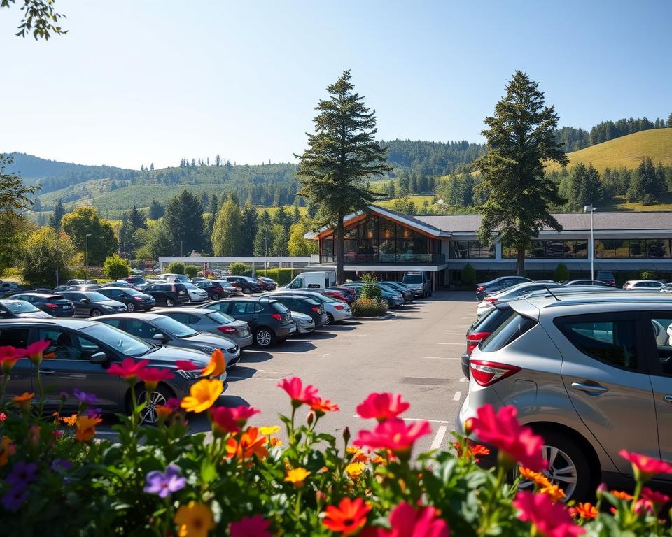 A busy parking lot at Badeparadies Schwarzwald, filled with an array of cars parked neatly in designated spaces. In the foreground, colorful flowers bloom near the entrance, framing the scene with vibrant hues. The middle ground showcases the modern architecture of the Badeparadies, with large glass windows reflecting the lush greenery of the Black Forest. The background features tall, majestic trees and rolling hills, typical of the Schwarzwald region, creating a serene atmosphere. Soft, natural sunlight filters through the leaves, casting dappled shadows on the ground. The overall mood is inviting and tranquil, perfect for families seeking fun and relaxation. The perspective is slightly elevated, capturing the expansive layout of the parking area in relation to the resort.