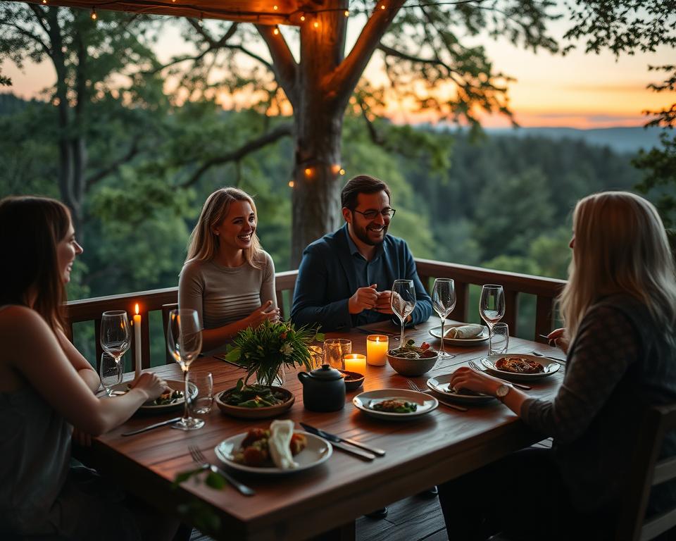 A cozy dinner scene set high in a luxurious treehouse, surrounded by lush green foliage in the Black Forest. In the foreground, a beautifully set wooden table with elegant dinnerware and flickering candlelight, showcasing a gourmet meal featuring seasonal ingredients. In the middle, a group of four people dressed in smart casual attire, laughing and enjoying their meal, with warm smiles that convey a sense of connection and joy. In the background, the treetops stretch towards the evening sky, painted in soft hues of orange and purple as the sun sets. The atmosphere exudes warmth and intimacy, with gentle bokeh effects created by fairy lights strung around the treehouse, casting a magical glow over the scene.