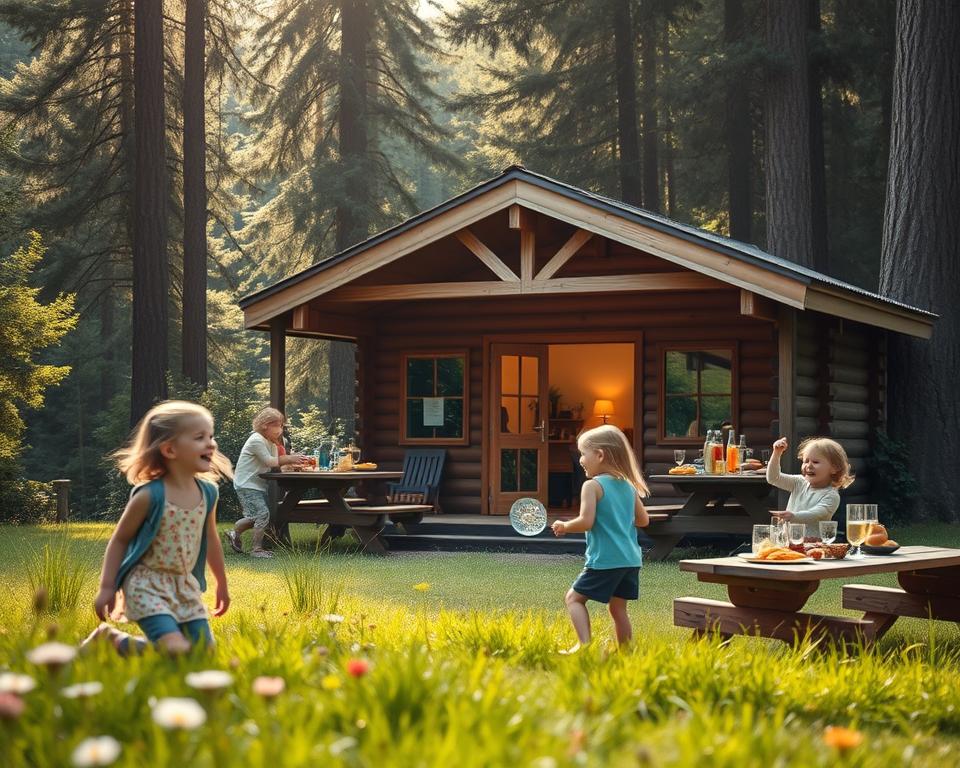 A cozy wooden hut in the heart of the Black Forest, designed for families, with children playing nearby. In the foreground, children are laughing and enjoying outdoor games, surrounded by lush green grass and wildflowers. The middle of the image showcases the warmly lit hut, featuring a welcoming entrance and picnic tables filled with wholesome food and drinks. The background reveals dense, towering trees characteristic of the Black Forest, with soft sunlight filtering through the leaves, creating a dappled effect on the ground. The overall mood is cheerful and inviting, perfect for families seeking a retreat in nature. Use soft lighting and a slight depth of field to enhance the serene atmosphere. Ensure no people are wearing revealing attire; they should be dressed in casual, comfortable clothing suitable for a family-friendly outing. A cozy wooden hut in the heart of the Black Forest, designed for families, with children playing nearby. In the foreground, children are laughing and enjoying outdoor games, surrounded by lush green grass and wildflowers. The middle of the image showcases the warmly lit hut, featuring a welcoming entrance and picnic tables filled with wholesome food and drinks. The background reveals dense, towering trees characteristic of the Black Forest, with soft sunlight filtering through the leaves, creating a dappled effect on the ground. The overall mood is cheerful and inviting, perfect for families seeking a retreat in nature. Use soft lighting and a slight depth of field to enhance the serene atmosphere. Ensure no people are wearing revealing attire; they should be dressed in casual, comfortable clothing suitable for a family-friendly outing.