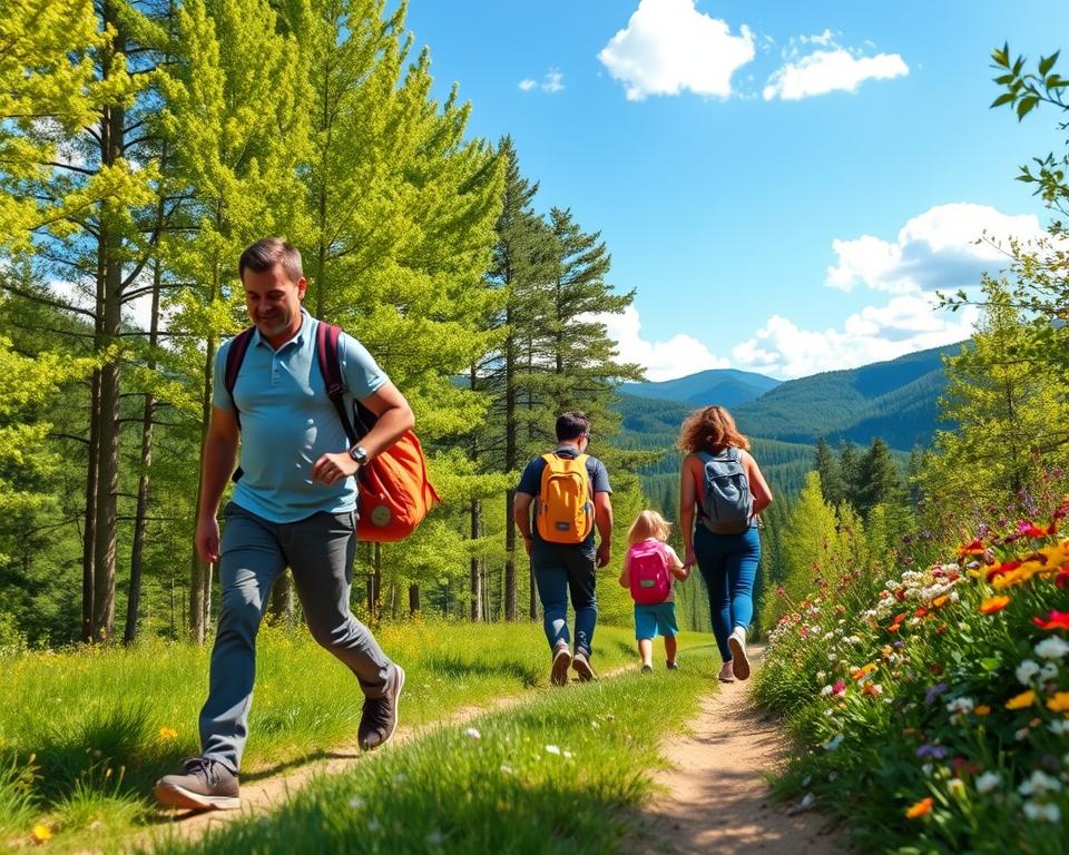 A family hiking safely on a scenic trail in the southern Black Forest, depicted in the foreground with two parents in modest casual clothing attentively guiding their children, who are wearing bright, cheerful backpacks. The middle ground showcases a lush, green path surrounded by tall, vibrant trees and colorful wildflowers, emphasizing the beauty and accessibility of nature. In the background, gentle hills rise under a clear blue sky, with some fluffy white clouds adding depth to the scene. The soft afternoon sunlight filters through the tree canopy, casting dappled shadows on the trail, creating a warm and inviting atmosphere. The image conveys a sense of adventure and family bonding, perfect for showcasing safety in outdoor activities. A family hiking safely on a scenic trail in the southern Black Forest, depicted in the foreground with two parents in modest casual clothing attentively guiding their children, who are wearing bright, cheerful backpacks. The middle ground showcases a lush, green path surrounded by tall, vibrant trees and colorful wildflowers, emphasizing the beauty and accessibility of nature. In the background, gentle hills rise under a clear blue sky, with some fluffy white clouds adding depth to the scene. The soft afternoon sunlight filters through the tree canopy, casting dappled shadows on the trail, creating a warm and inviting atmosphere. The image conveys a sense of adventure and family bonding, perfect for showcasing safety in outdoor activities.