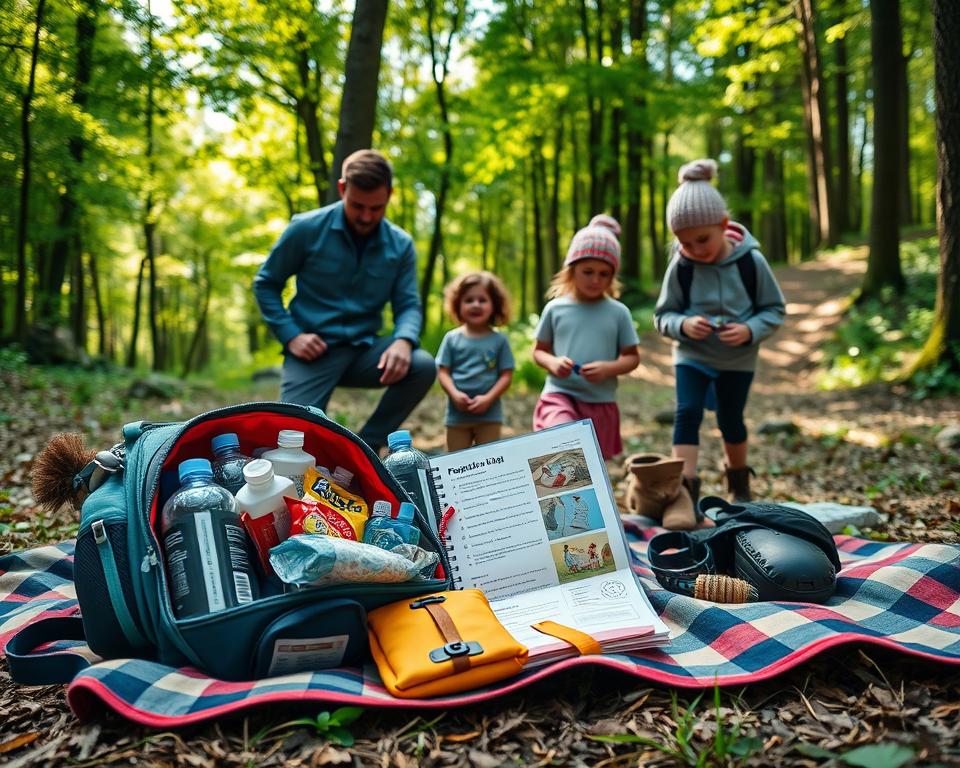 A family preparing for a hiking trip in the scenic South Black Forest, showcasing a well-organized packing list on a picnic blanket spread across the forest floor. In the foreground, a colorful backpack filled with essential hiking gear like water bottles, snacks, a first aid kit, and a map. The middle ground features two children, dressed in modest casual hiking clothes, enthusiastically helping their parents sort through the gear. In the background, a picturesque wooded trail with vibrant green trees and gentle sunlight filtering through the leaves, creating a warm, inviting atmosphere. The lighting is soft and natural, enhancing the sense of adventure and connection with nature. Capture the joy and excitement of family outdoor activities. A family preparing for a hiking trip in the scenic South Black Forest, showcasing a well-organized packing list on a picnic blanket spread across the forest floor. In the foreground, a colorful backpack filled with essential hiking gear like water bottles, snacks, a first aid kit, and a map. The middle ground features two children, dressed in modest casual hiking clothes, enthusiastically helping their parents sort through the gear. In the background, a picturesque wooded trail with vibrant green trees and gentle sunlight filtering through the leaves, creating a warm, inviting atmosphere. The lighting is soft and natural, enhancing the sense of adventure and connection with nature. Capture the joy and excitement of family outdoor activities.