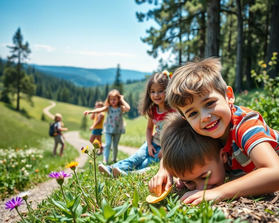 A lively scene capturing children playing games while hiking in the scenic Black Forest, showcasing a diverse group of kids aged 6-10. In the foreground, a girl points excitedly at a colorful flower, while a boy sprawls on the ground, studying a leaf. The middle ground features a winding path lined with tall trees and blooming wildflowers. In the background, soft hills and a clear blue sky stretch out, suggesting a sunny day filled with adventure. Use natural lighting to enhance the green hues and the cheerful expressions of the children. The atmosphere is joyful and energetic, embodying the spirit of exploration and discovery in nature. A lively scene capturing children playing games while hiking in the scenic Black Forest, showcasing a diverse group of kids aged 6-10. In the foreground, a girl points excitedly at a colorful flower, while a boy sprawls on the ground, studying a leaf. The middle ground features a winding path lined with tall trees and blooming wildflowers. In the background, soft hills and a clear blue sky stretch out, suggesting a sunny day filled with adventure. Use natural lighting to enhance the green hues and the cheerful expressions of the children. The atmosphere is joyful and energetic, embodying the spirit of exploration and discovery in nature.