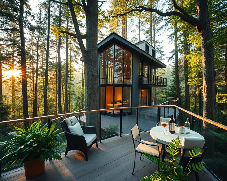 A luxurious tree house hotel set in the enchanting Schwarzwald forest. In the foreground, a cozy balcony adorned with elegant furniture, featuring a small table for two and lush greenery surrounding it. The middle ground showcases the luxurious tree house itself, with a modern architectural design that integrates seamlessly into the trees, large glass windows reflecting the sunlight. In the background, dense forest with tall trees, dappled sunlight filtering through the leaves, creating a warm and inviting atmosphere. The scene is captured during golden hour, emphasizing a romantic and tranquil mood. Use a slightly elevated angle to enhance the tree house's grandeur, giving a sense of adventure and escape in nature. The overall lighting should be soft and warm, evoking a sense of luxury and intimacy.
