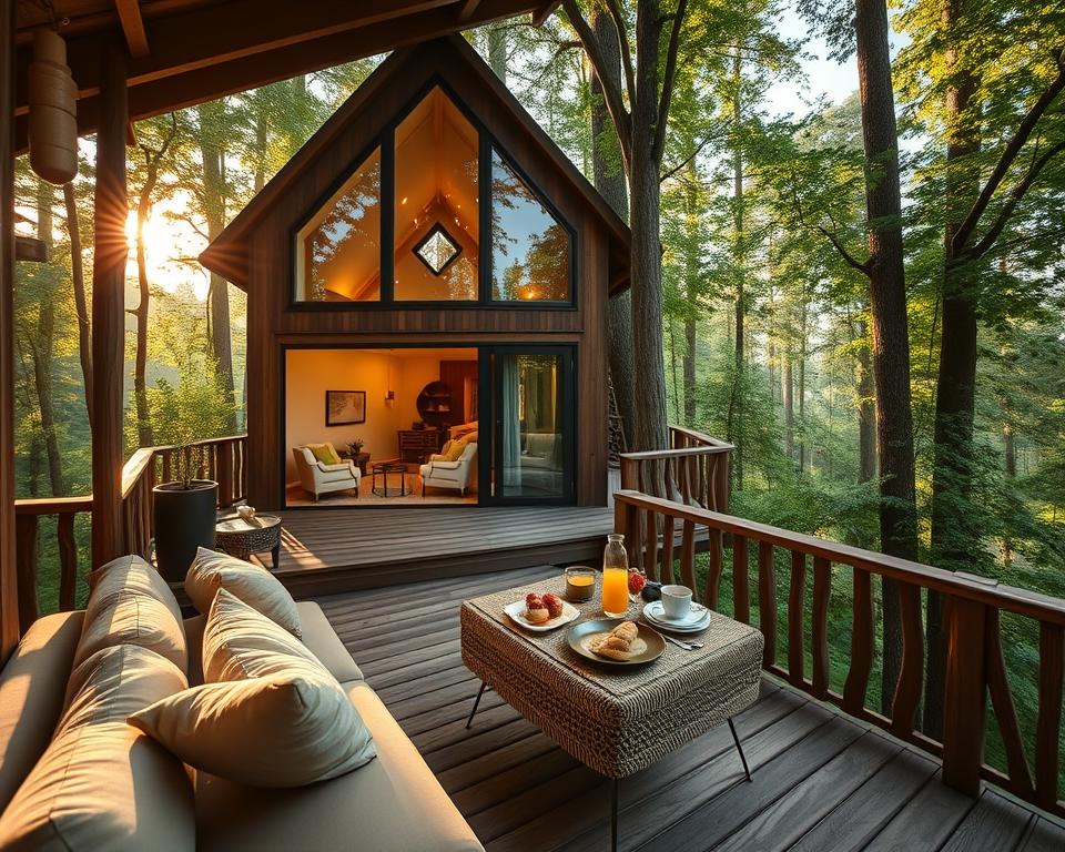 A luxurious treehouse hotel in the Black Forest, showcasing a perfect daily schedule for guests. In the foreground, a wooden terrace adorned with a cozy seating area, complete with elegant cushions and a breakfast table set for two, featuring fresh fruit and pastries. In the middle ground, the treehouse blends seamlessly into the towering trees, with large windows revealing a warm, inviting interior, showcasing modern furnishings and natural materials. In the background, lush green foliage and sunlight filtering through the leaves, creating a serene, magical atmosphere. Soft, golden lighting enhances the peaceful mood, while the scene captures a sense of adventure and relaxation. The angle is slightly elevated, offering a panoramic view of the tranquil forest setting.