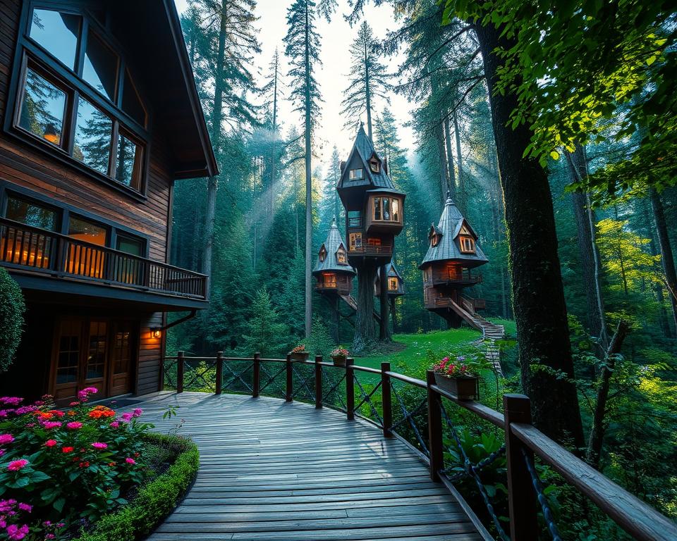 A luxurious treehouse hotel nestled in the enchanting Black Forest, showcasing stunning wooden architecture with large windows and cozy balconies overlooking lush greenery. In the foreground, a welcoming wooden pathway leads to the entrance, adorned with vibrant flowers and soft, ambient lighting. In the middle ground, a series of unique treehouses perched among tall, majestic trees create a harmonious blend with nature. The background features the dense forest with rays of sunlight filtering through the leaves, casting a warm, serene glow. The scene evokes a sense of tranquility and adventure, perfect for a premium getaway in nature. Photographed with a wide-angle lens to capture the expansive beauty, enhancing the appeal of booking a stay in this idyllic destination.