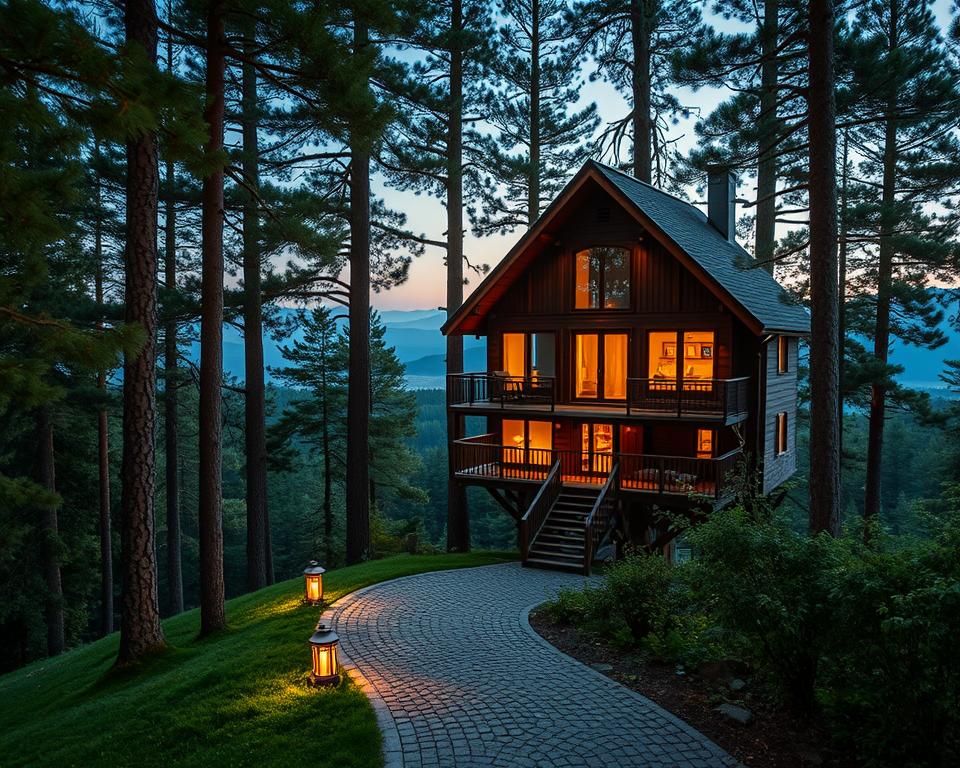 A luxurious treehouse hotel nestled in the enchanting Schwarzwald, surrounded by tall pine trees and lush greenery. In the foreground, showcase a beautifully crafted wooden treehouse with large windows, blending seamlessly into the treetop canopy. Incorporate soft, warm lighting that suggests a cozy evening ambiance, filtering through the leaves. In the middle ground, add a winding cobblestone path leading to the entrance, adorned with decorative lanterns casting gentle glows. In the background, depict the misty outline of distant mountains under a twilight sky, creating a serene atmosphere. Capture the essence of luxury and tranquility, with a focus on natural elements and impeccable craftsmanship, all while ensuring a peaceful and inviting scene.