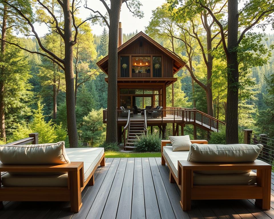 A luxurious treehouse hotel nestled in the heart of the Black Forest, emphasizing sustainable tourism. In the foreground, feature elegant wooden deck furniture with plush, eco-friendly cushions facing the lush greenery. The middle ground showcases a beautifully designed treehouse made of natural, reclaimed materials, seamlessly integrated into the towering trees. In the background, verdant forests stretch into the horizon, with dappled sunlight filtering through the leaves, casting soft, golden light. The scene should exude a serene and tranquil atmosphere, inviting relaxation and connection with nature. Use a wide-angle lens to capture the expansive beauty of the landscape, emphasizing the harmony between luxury and environmental responsibility. The overall mood should feel peaceful, inspiring a sense of escape and environmental consciousness.