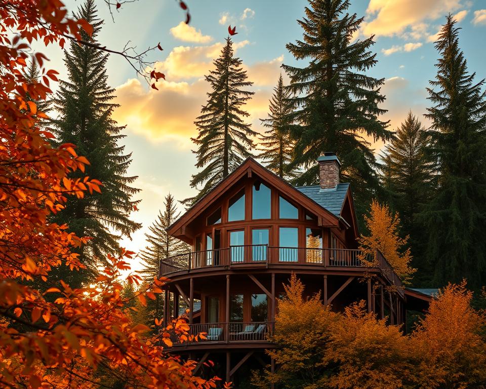 A luxurious treehouse hotel nestled in the lush Black Forest during autumn. In the foreground, a beautifully crafted wooden treehouse with elegant architecture; large windows reflect the soft golden light of sunset. The middle ground features vibrant fall foliage in shades of orange, yellow, and red, surrounding the treehouse, with gently falling leaves creating a whimsical atmosphere. In the background, towering evergreen trees rise majestically against a serene sky painted with soft clouds. The lighting is warm and inviting, casting a gentle glow on the scene, enhancing the feeling of tranquility and luxury. The image captures the essence of the Black Forest's seasonal beauty, making it an ideal getaway destination for relaxation and nature appreciation.