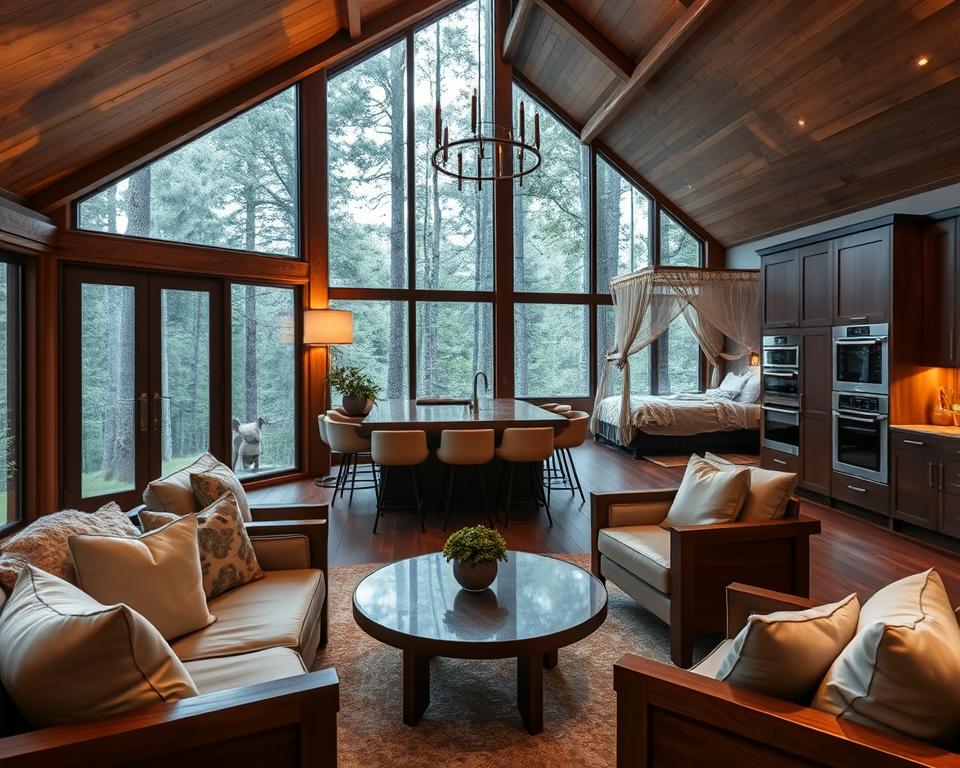 A luxurious treehouse interior set in the enchanting Schwarzwald, showcasing elegant wooden furnishings and modern amenities. In the foreground, a plush seating area with large, inviting armchairs adorned with soft cushions, accompanied by a sleek wooden coffee table. The middle ground features a sophisticated kitchen with high-end appliances, beautifully contrasted with dark wood cabinetry. Large windows provide a stunning view of the lush forest outside, pouring in warm, natural light. In the background, a cozy sleeping nook with a canopy bed draped in fine linens and soft throw blankets. The atmosphere is serene and inviting, with soft, ambient lighting enhancing the sense of comfort and luxury, creating a perfect escape in nature.