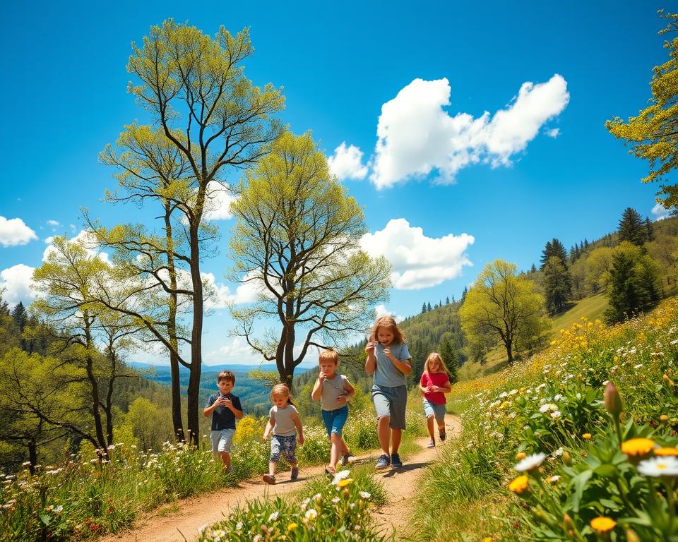 A peaceful spring scene in the Black Forest, capturing a sunny day with children hiking a gentle trail. In the foreground, a diverse group of kids in modest casual clothing joyfully traverses the path, marveling at the blooming wildflowers and lush greenery. The middle ground features tall, majestic trees with fresh green leaves, their sunlight-dappled shadows playing on the ground. In the background, rolling hills stretch out under a clear blue sky with fluffy white clouds. The atmosphere is vibrant and cheerful, evoking the joy of discovering nature. The lighting is warm, highlighting the fresh buds and blossoms, creating a sense of inviting adventure and exploration. The angle is slightly tilted, giving a dynamic perspective on the kids' excitement and the enchanting surroundings. A peaceful spring scene in the Black Forest, capturing a sunny day with children hiking a gentle trail. In the foreground, a diverse group of kids in modest casual clothing joyfully traverses the path, marveling at the blooming wildflowers and lush greenery. The middle ground features tall, majestic trees with fresh green leaves, their sunlight-dappled shadows playing on the ground. In the background, rolling hills stretch out under a clear blue sky with fluffy white clouds. The atmosphere is vibrant and cheerful, evoking the joy of discovering nature. The lighting is warm, highlighting the fresh buds and blossoms, creating a sense of inviting adventure and exploration. The angle is slightly tilted, giving a dynamic perspective on the kids' excitement and the enchanting surroundings.