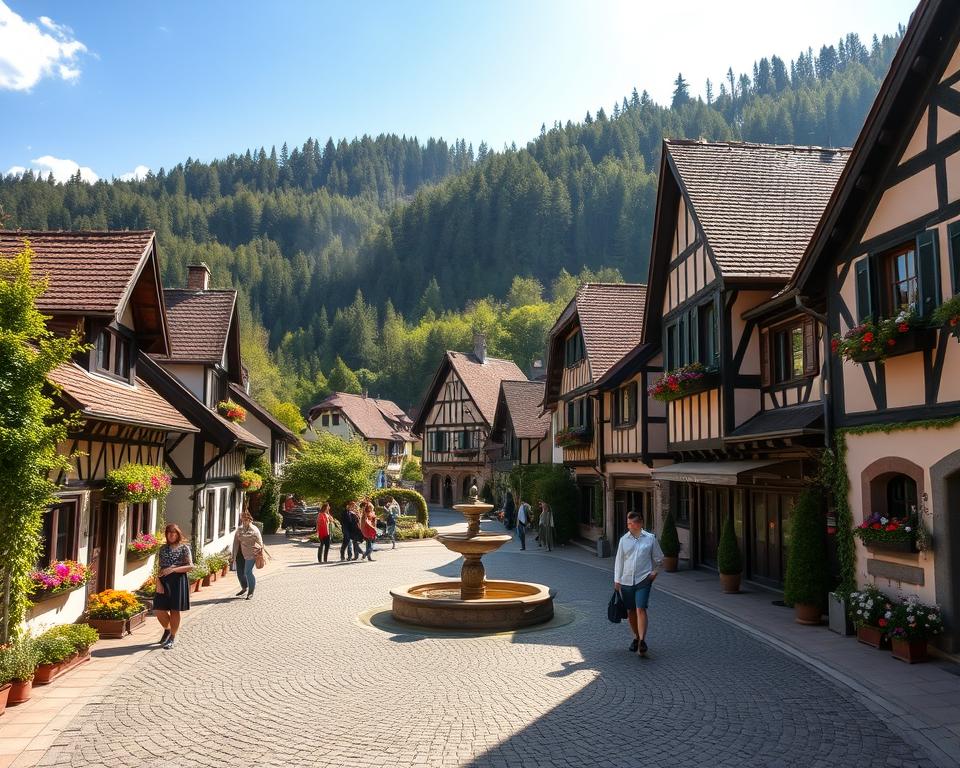 A picturesque Schwarzwald village nestled in the heart of the Black Forest, showcasing charming half-timbered houses adorned with colorful flower boxes in the foreground. The quaint streets are lined with lush greenery, inviting cobblestone paths leading to a central square featuring a traditional fountain. In the middle ground, local residents dressed in modest, casual clothing enjoy their day, adding a sense of warmth and community. Rolling hills covered in dense pine trees provide a breathtaking backdrop, while soft, golden sunlight filters through the leaves, casting gentle shadows. The atmosphere is serene and romantic, evoking the enchanting essence of Schwarzwald's villages. Capture this scene from a slightly elevated angle to encompass the beauty of the village and its natural surroundings. A picturesque Schwarzwald village nestled in the heart of the Black Forest, showcasing charming half-timbered houses adorned with colorful flower boxes in the foreground. The quaint streets are lined with lush greenery, inviting cobblestone paths leading to a central square featuring a traditional fountain. In the middle ground, local residents dressed in modest, casual clothing enjoy their day, adding a sense of warmth and community. Rolling hills covered in dense pine trees provide a breathtaking backdrop, while soft, golden sunlight filters through the leaves, casting gentle shadows. The atmosphere is serene and romantic, evoking the enchanting essence of Schwarzwald's villages. Capture this scene from a slightly elevated angle to encompass the beauty of the village and its natural surroundings.