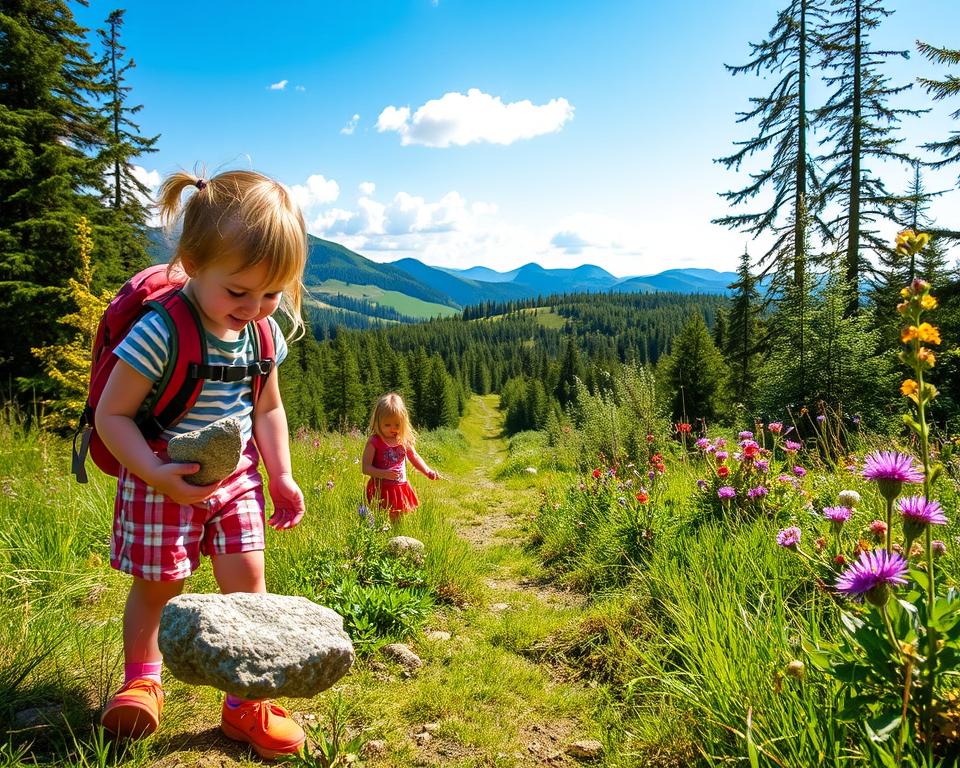 A picturesque family outing in the South Black Forest, featuring children joyfully exploring nature. In the foreground, two children, dressed in comfortable hiking attire, are engaged in searching for unique rocks and colorful leaves. In the middle ground, a lush, green forest path extends invitingly, flanked by vibrant wildflowers and tall trees, creating a sense of adventure and discovery. In the background, rolling hills can be seen under a bright blue sky, with soft, fluffy clouds lightly drifting by. The scene is illuminated by warm, natural sunlight, casting gentle shadows and enhancing the vivid colors of the landscape. The mood is cheerful and adventurous, showcasing the joy of outdoor exploration. A picturesque family outing in the South Black Forest, featuring children joyfully exploring nature. In the foreground, two children, dressed in comfortable hiking attire, are engaged in searching for unique rocks and colorful leaves. In the middle ground, a lush, green forest path extends invitingly, flanked by vibrant wildflowers and tall trees, creating a sense of adventure and discovery. In the background, rolling hills can be seen under a bright blue sky, with soft, fluffy clouds lightly drifting by. The scene is illuminated by warm, natural sunlight, casting gentle shadows and enhancing the vivid colors of the landscape. The mood is cheerful and adventurous, showcasing the joy of outdoor exploration.