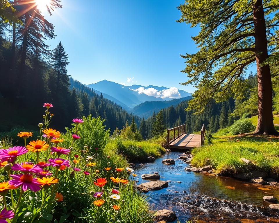 A picturesque scene of "Fotospots Südschwarzwald," showcasing the enchanting beauty of the Southern Black Forest. In the foreground, vibrant wildflowers bloom alongside a tranquil stream, reflecting the lush greenery. The middle ground features a charming wooden bridge leading into a dense forest, where sunlight filters through the canopy, casting dappled light on the path. In the background, the iconic rolling hills and mist-covered mountains rise majestically under a clear blue sky. The image captures a serene and inviting atmosphere, perfect for travel enthusiasts. Soft, warm lighting accentuates the natural beauty, evoking a sense of peace and exploration. Use a wide-angle lens to encompass the stunning landscape, highlighting the harmony of nature. A picturesque scene of "Fotospots Südschwarzwald," showcasing the enchanting beauty of the Southern Black Forest. In the foreground, vibrant wildflowers bloom alongside a tranquil stream, reflecting the lush greenery. The middle ground features a charming wooden bridge leading into a dense forest, where sunlight filters through the canopy, casting dappled light on the path. In the background, the iconic rolling hills and mist-covered mountains rise majestically under a clear blue sky. The image captures a serene and inviting atmosphere, perfect for travel enthusiasts. Soft, warm lighting accentuates the natural beauty, evoking a sense of peace and exploration. Use a wide-angle lens to encompass the stunning landscape, highlighting the harmony of nature.