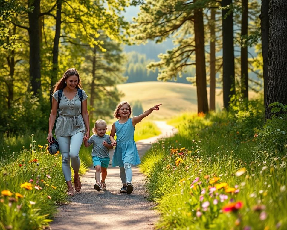 A picturesque scene of a family exploring a child-friendly hiking trail in the Southern Black Forest. In the foreground, a mother and father, dressed in light, casual, and modest clothing, guide two children along a well-maintained path surrounded by lush greenery. The children, filled with joy, point towards colorful wildflowers lining the trail. In the middle ground, the path winds through towering trees, dappled sunlight filtering through the leaves, creating a warm and inviting atmosphere. In the background, gentle, rolling hills are visible, bathed in a soft, golden light of late afternoon. The mood is cheerful and adventurous, evoking a sense of discovery and connection with nature, captured in a slightly elevated angle to provide depth to the scene. A picturesque scene of a family exploring a child-friendly hiking trail in the Southern Black Forest. In the foreground, a mother and father, dressed in light, casual, and modest clothing, guide two children along a well-maintained path surrounded by lush greenery. The children, filled with joy, point towards colorful wildflowers lining the trail. In the middle ground, the path winds through towering trees, dappled sunlight filtering through the leaves, creating a warm and inviting atmosphere. In the background, gentle, rolling hills are visible, bathed in a soft, golden light of late afternoon. The mood is cheerful and adventurous, evoking a sense of discovery and connection with nature, captured in a slightly elevated angle to provide depth to the scene.