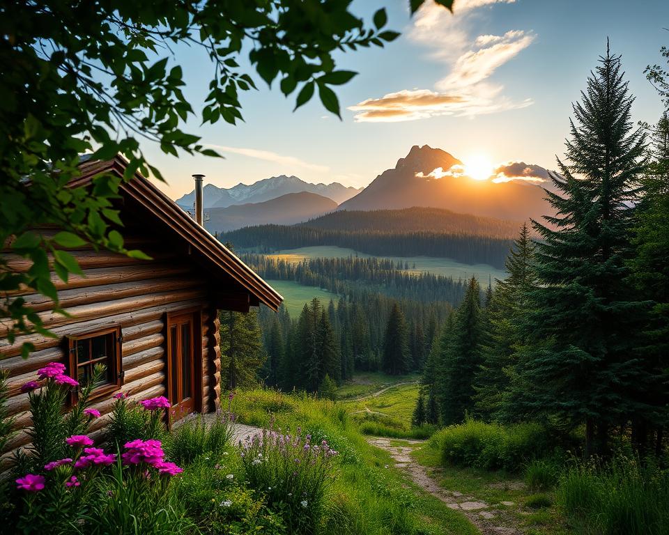 A picturesque scene of the Southern Black Forest, showcasing stunning natural beauty. In the foreground, lush greenery with vibrant wildflowers frames a charming rustic wooden cabin, hinting at a cozy retreat. In the middle ground, gentle rolling hills adorned with dense conifer trees stretch towards the horizon, with a narrow winding path inviting exploration. In the background, majestic mountains rise, their peaks kissed by soft clouds and a warm golden sunset casting a serene glow over the landscape. The atmosphere is peaceful and inviting, evoking a sense of tranquility and adventure. Use soft natural lighting to enhance the colors and details, with a wide-angle view to capture the expansive scenery. A picturesque scene of the Southern Black Forest, showcasing stunning natural beauty. In the foreground, lush greenery with vibrant wildflowers frames a charming rustic wooden cabin, hinting at a cozy retreat. In the middle ground, gentle rolling hills adorned with dense conifer trees stretch towards the horizon, with a narrow winding path inviting exploration. In the background, majestic mountains rise, their peaks kissed by soft clouds and a warm golden sunset casting a serene glow over the landscape. The atmosphere is peaceful and inviting, evoking a sense of tranquility and adventure. Use soft natural lighting to enhance the colors and details, with a wide-angle view to capture the expansive scenery.