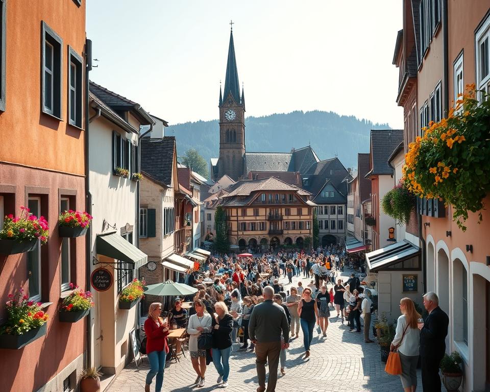 A picturesque view of Freiburg im Breisgau, showcasing the vibrant start of the Südschwarzwald. In the foreground, a quaint street lined with traditional German houses, their colorful facades accented by flowers in window boxes. In the middle ground, a bustling square filled with people dressed in modest casual clothing admiring the local architecture and enjoying beverages at outdoor cafés. The iconic Freiburg Minster rises majestically in the background, complemented by the scenic Black Forest hills, bathed in warm afternoon sunlight. Soft light casts gentle shadows, creating a welcoming atmosphere. The angle captures the essence of a lively yet serene city, inviting viewers to explore the beauty of the region. A picturesque view of Freiburg im Breisgau, showcasing the vibrant start of the Südschwarzwald. In the foreground, a quaint street lined with traditional German houses, their colorful facades accented by flowers in window boxes. In the middle ground, a bustling square filled with people dressed in modest casual clothing admiring the local architecture and enjoying beverages at outdoor cafés. The iconic Freiburg Minster rises majestically in the background, complemented by the scenic Black Forest hills, bathed in warm afternoon sunlight. Soft light casts gentle shadows, creating a welcoming atmosphere. The angle captures the essence of a lively yet serene city, inviting viewers to explore the beauty of the region.