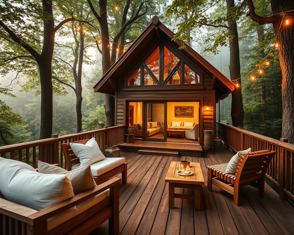 A romantic treehouse hotel nestled among the lush, verdant trees of the Black Forest, designed for an unforgettable getaway. In the foreground, a cozy wooden deck adorned with soft, ambient lighting, featuring elegant wooden furniture and plush cushions, invites relaxation. In the middle, the charming treehouse itself is crafted from natural materials, with large windows showcasing a warm and inviting interior. The background reveals a dense, misty forest, dappled sunlight filtering through the leaves, casting gentle shadows and creating a serene atmosphere. The scene captures the essence of a fairytale escape, embodying tranquility and romance, with a soft focus effect and warm color tones for a dreamy quality. Ideal for illustrating a romantic short vacation experience.