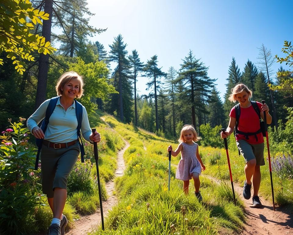 A scenic family-friendly hiking trail in the scenic Southern Black Forest, showcasing a parent and two children joyfully exploring nature. In the foreground, depict the family dressed in comfortable, modest outdoor clothing, with backpacks and walking sticks. The middle ground features lush green foliage, colorful flowers, and a winding path leading deeper into the forest. In the background, towering trees stretch into a bright blue sky, dappled sunlight filtering through the leaves, creating a warm, inviting atmosphere. Capture the scene from a slightly elevated angle, emphasizing the family's connection with nature while highlighting the sustainable, eco-friendly aspect of their adventure. The overall mood should be cheerful and adventurous, celebrating the joy of hiking with children in a natural setting. A scenic family-friendly hiking trail in the scenic Southern Black Forest, showcasing a parent and two children joyfully exploring nature. In the foreground, depict the family dressed in comfortable, modest outdoor clothing, with backpacks and walking sticks. The middle ground features lush green foliage, colorful flowers, and a winding path leading deeper into the forest. In the background, towering trees stretch into a bright blue sky, dappled sunlight filtering through the leaves, creating a warm, inviting atmosphere. Capture the scene from a slightly elevated angle, emphasizing the family's connection with nature while highlighting the sustainable, eco-friendly aspect of their adventure. The overall mood should be cheerful and adventurous, celebrating the joy of hiking with children in a natural setting.