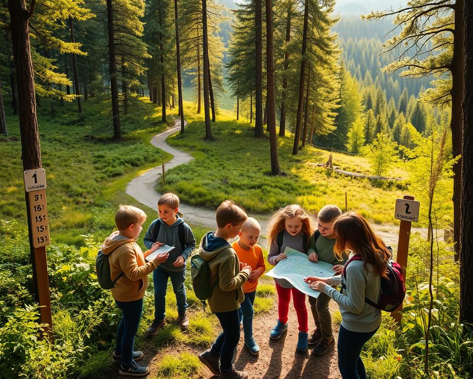 A scenic family hiking trail in the lush Southern Black Forest, featuring a tranquil woodland setting. In the foreground, a diverse group of children and their parents, wearing comfortable outdoor clothing, enthusiastically study a hiking map together. The middle ground showcases a well-defined path winding through vibrant greenery, with gentle inclines and marked distance signs indicating different trail lengths and elevation. In the background, rolling hills and tall trees create a serene atmosphere, bathed in soft golden sunlight filtering through the leaves. The scene conveys a sense of exploration and joy, inviting viewers to imagine their own hiking adventures. Shot with a wide-angle lens to capture the expansive beauty of nature, invoking a feeling of warmth and togetherness. A scenic family hiking trail in the lush Southern Black Forest, featuring a tranquil woodland setting. In the foreground, a diverse group of children and their parents, wearing comfortable outdoor clothing, enthusiastically study a hiking map together. The middle ground showcases a well-defined path winding through vibrant greenery, with gentle inclines and marked distance signs indicating different trail lengths and elevation. In the background, rolling hills and tall trees create a serene atmosphere, bathed in soft golden sunlight filtering through the leaves. The scene conveys a sense of exploration and joy, inviting viewers to imagine their own hiking adventures. Shot with a wide-angle lens to capture the expansive beauty of nature, invoking a feeling of warmth and togetherness.