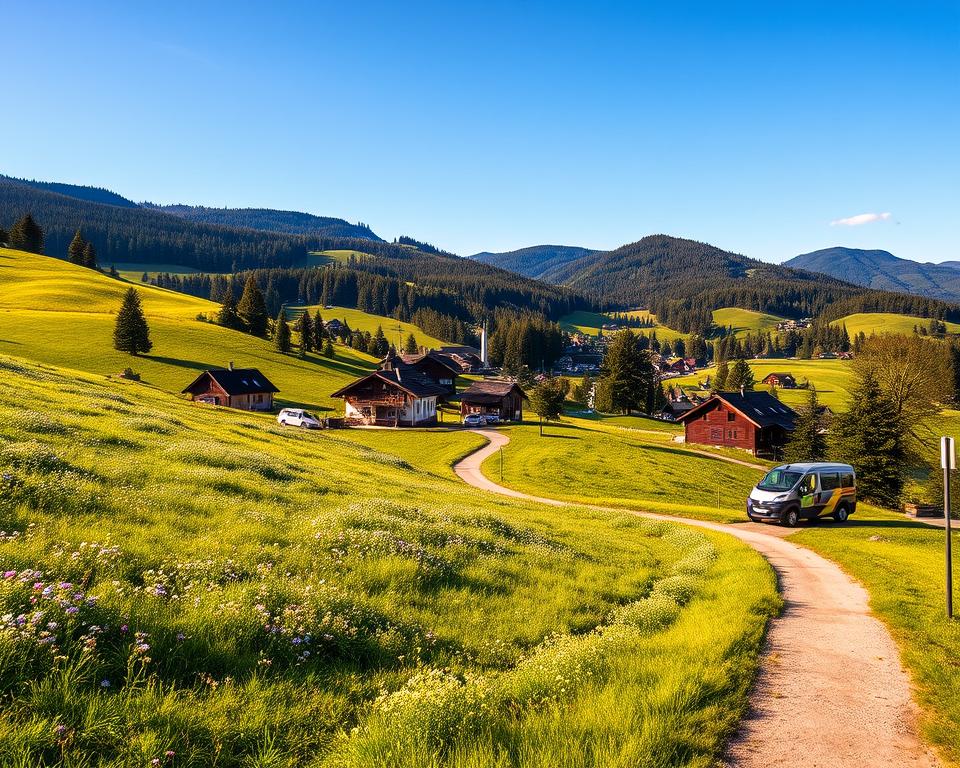 A scenic view of the South Black Forest region in Germany, capturing a vibrant landscape that emphasizes sustainable travel. In the foreground, a winding path meanders through lush green meadows dotted with wildflowers, leading towards a charming village. The middle ground features traditional wooden chalets and small eco-friendly vehicles, symbolizing sustainable mobility. The background showcases the majestic, rolling hills of the Black Forest, with dense trees under a clear blue sky, illuminated by warm, golden sunlight. The mood is tranquil and inviting, reflecting the beauty of nature. The viewpoint is slightly elevated, offering a panoramic perspective that highlights the harmonious blend of nature and human presence, with a focus on eco-tourism. The image is free from any text or watermarks. A scenic view of the South Black Forest region in Germany, capturing a vibrant landscape that emphasizes sustainable travel. In the foreground, a winding path meanders through lush green meadows dotted with wildflowers, leading towards a charming village. The middle ground features traditional wooden chalets and small eco-friendly vehicles, symbolizing sustainable mobility. The background showcases the majestic, rolling hills of the Black Forest, with dense trees under a clear blue sky, illuminated by warm, golden sunlight. The mood is tranquil and inviting, reflecting the beauty of nature. The viewpoint is slightly elevated, offering a panoramic perspective that highlights the harmonious blend of nature and human presence, with a focus on eco-tourism. The image is free from any text or watermarks.