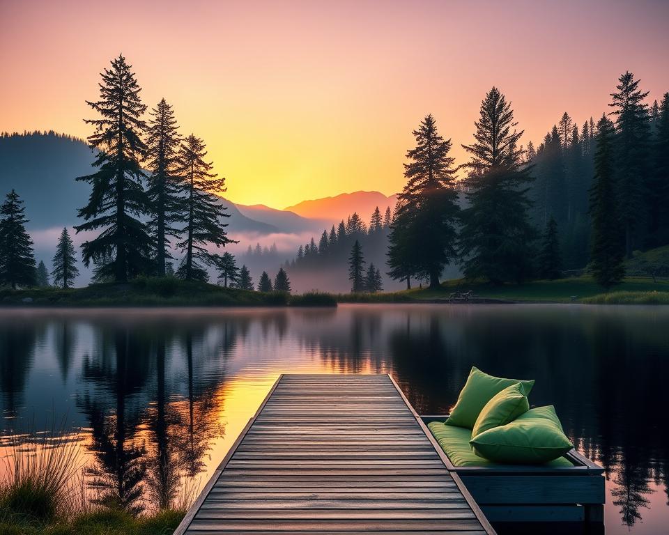 A serene Schwarzwald landscape during a tranquil sunset, featuring a peaceful lake akin to Titisee, reflecting soft orange and purple hues in the water. In the foreground, a wooden dock extends gracefully into the lake, with a cozy seating area adorned with lush green cushions, inviting relaxation. The middle ground showcases tall, dark conifer trees and gently rolling hills, creating a sense of depth and tranquility. The background is filled with distant mountains softly enveloped in mist, emphasizing the calming atmosphere. Soft beams of golden light filter through the trees, creating dappled shadows on the ground. The scene radiates warmth and serenity, perfect for embodying a wellness escape. High-resolution, shot from a slightly elevated angle to capture the expanse of the serene landscape.