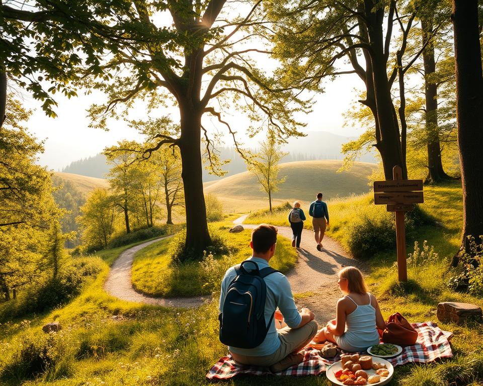 A serene hiking trail meandering through the lush Black Forest, surrounded by towering trees with thick foliage blocking the sunlight. In the foreground, a family dressed in modest casual clothing enjoys a picnic, with backpacks and a spread of local delicacies on a picnic blanket. In the middle ground, hikers follow a winding path, immersed in the vibrant greenery and blooming flowers, with a rustic wooden signpost indicating various trails. The background features gently rolling hills bathed in soft, golden sunlight filtering through the tree canopy, creating a warm and inviting atmosphere. The image captures the essence of outdoor activities in nature, showcasing the beauty and tranquility of the Black Forest environment, with a focus on exploration and family enjoyment.