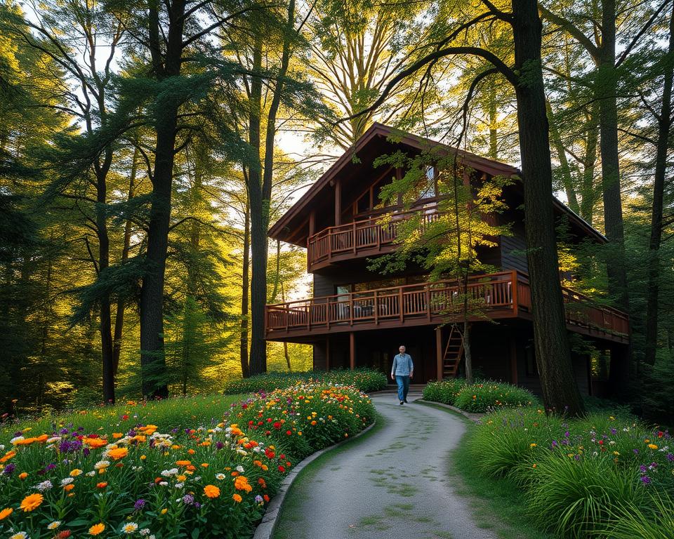 A serene image of a luxury tree house hotel nestled in the Black Forest, showcasing its elegant wooden architecture among towering, lush green trees. In the foreground, a gentle path winds through vibrant wildflowers, leading to the hotel's entrance, inviting travelers. The middle ground features the tree house with large balconies and panoramic windows, seamlessly blending with nature. In the background, dense tree canopies capture soft, dappled sunlight creating a warm and inviting atmosphere. The scene is illuminated with golden hour light, enhancing the rich textures of the wood and foliage. The mood is tranquil and luxurious, perfect for a retreat in nature. The image should capture the essence of relaxation and the unique experience of arriving at this beautiful destination.