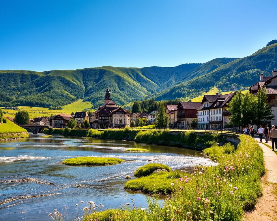 A serene landscape showcasing the Hochrhein region, with lush green hills rising in the background under a bright blue sky. In the foreground, a peaceful river flows gently, reflecting the sunlight and surrounded by wildflowers. A quaint village can be seen nestled along the riverbanks, featuring charming, traditional Swiss architecture. Alongside the river, there are well-maintained walking trails with a few people in modest casual clothing enjoying the scenery. The image captures a vibrant atmosphere of nature and culture, emphasizing the tranquility of the area. Use natural lighting to highlight the colors of the landscape, with a slight warm glow during the golden hour, positioned at a medium angle to emphasize depth and focus on the water's reflection. A serene landscape showcasing the Hochrhein region, with lush green hills rising in the background under a bright blue sky. In the foreground, a peaceful river flows gently, reflecting the sunlight and surrounded by wildflowers. A quaint village can be seen nestled along the riverbanks, featuring charming, traditional Swiss architecture. Alongside the river, there are well-maintained walking trails with a few people in modest casual clothing enjoying the scenery. The image captures a vibrant atmosphere of nature and culture, emphasizing the tranquility of the area. Use natural lighting to highlight the colors of the landscape, with a slight warm glow during the golden hour, positioned at a medium angle to emphasize depth and focus on the water's reflection.