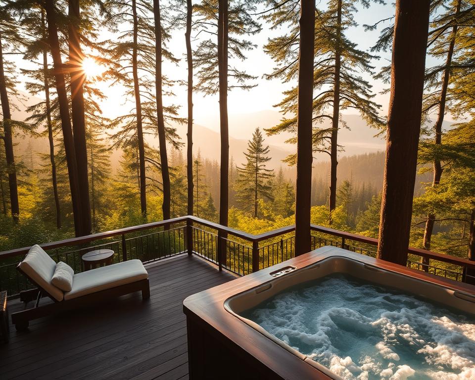 A serene private spa nestled high among the treetops of the Schwarzwald, surrounded by lush green foliage. In the foreground, a luxurious wood-paneled deck with plush lounge chairs and a bubbling hot tub invites relaxation. The middle ground features tall, slender trees, their leaves softly fluttering in the breeze, creating a sense of tranquility and privacy. In the background, glimpses of distant mountains can be seen through gentle morning mist, softly illuminated by warm, golden sunlight filtering through the branches. The atmosphere is peaceful and rejuvenating, evoking a sense of wellness and connection to nature. Capture this scene from a slightly elevated angle to emphasize the unique perspective of spa moments amidst the treetops.