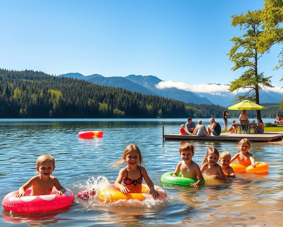 A serene scene at Galaxy Titisee, showing a beautiful lakeside surrounded by lush green forests of the Schwarzwald. In the foreground, a group of cheerful children, dressed in casual, modest clothing, are happily playing with colorful inflatable toys and splashing in the calm water. In the middle ground, families are gathered around picnic blankets, laughing and enjoying the sun, with a backdrop of the picturesque lake reflecting the clear blue sky. In the background, majestic mountains stretch towards the horizon, partially shrouded in soft morning mist. The entire scene is bathed in warm, golden sunlight, creating a joyful and inviting atmosphere, perfectly capturing a family-friendly day out. Use a wide-angle lens for an expansive view.