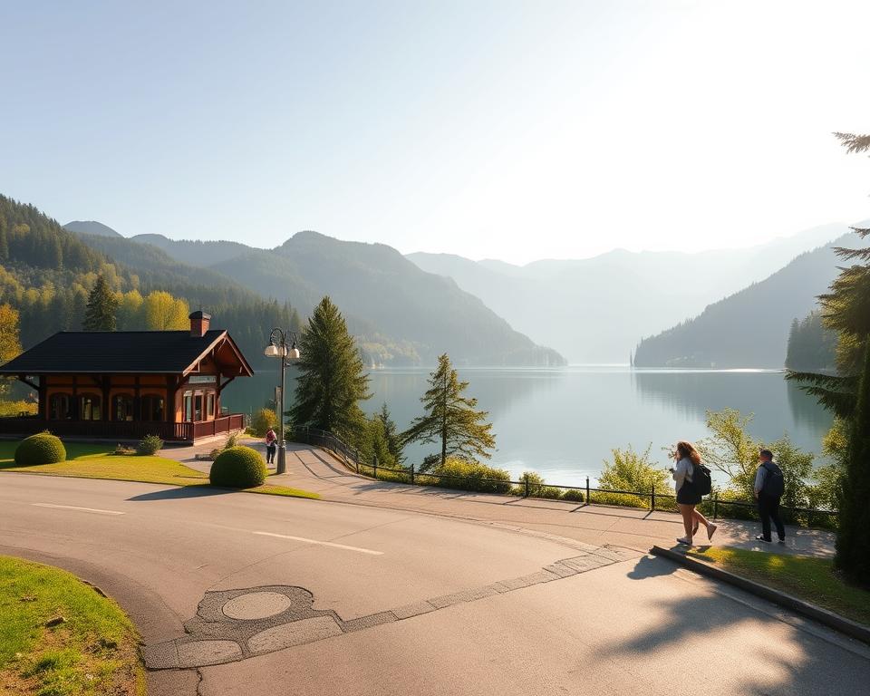 A serene view of the picturesque Titisee in the Black Forest during early morning light, showcasing the tranquil lake reflecting the surrounding lush greenery and majestic mountains. In the foreground, a well-maintained road leads towards the lake, hinting at travelers arriving by car or public transport. A quaint train station can be seen to the side, with an elegant wooden structure and a small group of people dressed in casual clothing, waiting for their journey to begin. Soft, diffused sunlight filters through the trees, casting gentle shadows, creating a warm and inviting atmosphere. The composition captures the essence of relaxation and adventure, emphasizing the accessibility of Titisee while highlighting its natural beauty. Use a wide-angle lens to encompass the expansive landscape.