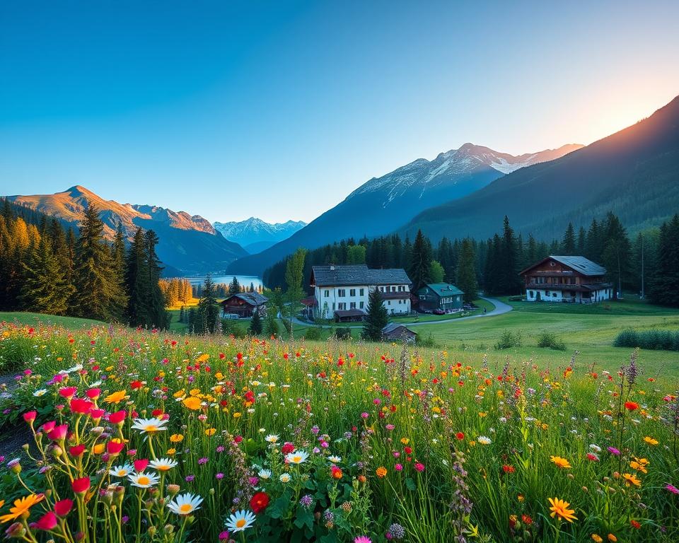 A stunning landscape of the South Black Forest, showcasing the best travel times with vibrant seasonal changes. In the foreground, a colorful meadow filled with wildflowers in full bloom under a clear blue sky. In the middle ground, a serene lake reflecting the nearby rolling hills, framed by tall, lush trees, with a winding path leading towards a quaint village with traditional wooden chalets. The background features majestic mountains capped with patches of snow, illuminated by the warm glow of the golden hour sunset, casting soft shadows and creating a tranquil atmosphere. The scene should evoke a sense of peace and beauty, inviting viewers to explore this enchanting region. Use a wide-angle lens to capture the expansive sky and detailed foreground, emphasizing the lush greenery and vibrant colors. A stunning landscape of the South Black Forest, showcasing the best travel times with vibrant seasonal changes. In the foreground, a colorful meadow filled with wildflowers in full bloom under a clear blue sky. In the middle ground, a serene lake reflecting the nearby rolling hills, framed by tall, lush trees, with a winding path leading towards a quaint village with traditional wooden chalets. The background features majestic mountains capped with patches of snow, illuminated by the warm glow of the golden hour sunset, casting soft shadows and creating a tranquil atmosphere. The scene should evoke a sense of peace and beauty, inviting viewers to explore this enchanting region. Use a wide-angle lens to capture the expansive sky and detailed foreground, emphasizing the lush greenery and vibrant colors.