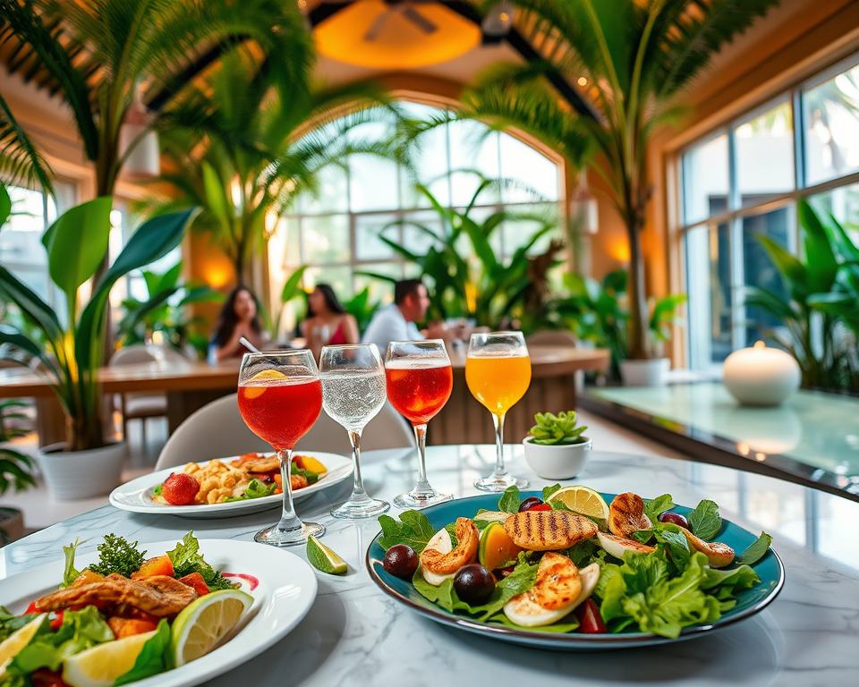 A vibrant indoor tropical café within a spa oasis, featuring a luxurious dining experience. In the foreground, an elegantly set table showcases a gourmet meal, including colorful salads, grilled vegetables, and refreshing drinks served in stylish glassware. The middle ground reveals people in modest casual attire, happily enjoying their meals and engaging in light conversation, all while surrounded by lush greenery and soothing water features. In the background, large windows let in warm, natural light, highlighting the inviting atmosphere. Soft, ambient lighting complements the vivid colors of the food and décor, creating a relaxing yet lively mood that embodies the joy of dining and leisure in a paradise setting.