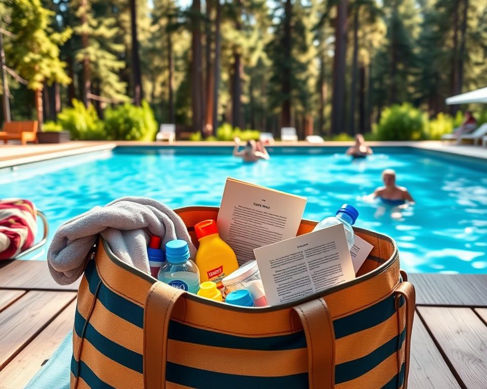 A vibrant scene illustrating a "Packing List for a Day at the Pool" set against a backdrop of the lush Black Forest, capturing the spirit of relaxation and fun. In the foreground, a neatly arranged beach bag overflowing with essential items like towels, sunscreen, water bottles, and a paperback book. In the middle ground, a large, inviting pool with clear blue water and people enjoying their time, dressed in modest casual clothing and engaging in leisurely activities. The background features picturesque forest scenery with towering trees and gentle sunlight filtering through the leaves, creating a warm and inviting atmosphere. The lighting should be bright and cheerful, reminiscent of a sunny summer day, shot from a slightly elevated angle to capture the entire scene harmoniously.