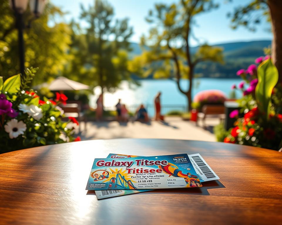 An artistic depiction of "Galaxy Titisee" tickets on a polished wooden table, surrounded by lush greenery and vibrant flowers from the Schwarzwald. In the foreground, the tickets feature colorful designs showcasing the park's attractions, such as roller coasters and water slides, set against a softly blurred backdrop of the lake. The middle layer presents a serene environment with hints of playful activity, such as families enjoying the day, all captured under warm, golden sunlight filtering through the trees. The background reveals a scenic view of Lake Titisee, shimmering under a bright blue sky. The atmosphere is cheerful and inviting, conveying excitement and warmth, evoking a sense of family-friendly adventure. Shot with a slight bokeh effect to enhance the focus on the tickets, creating an enticing visual for readers.